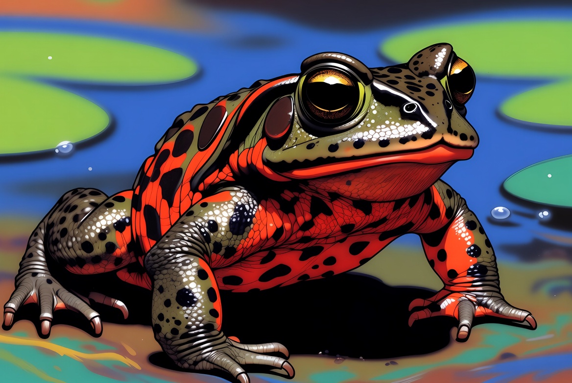 Vibrant illustration of a fire-bellied toad showing its red and black belly