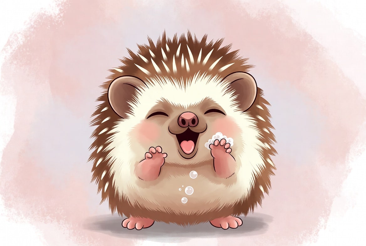 Playful illustration of a hedgehog mid self-anointing pose