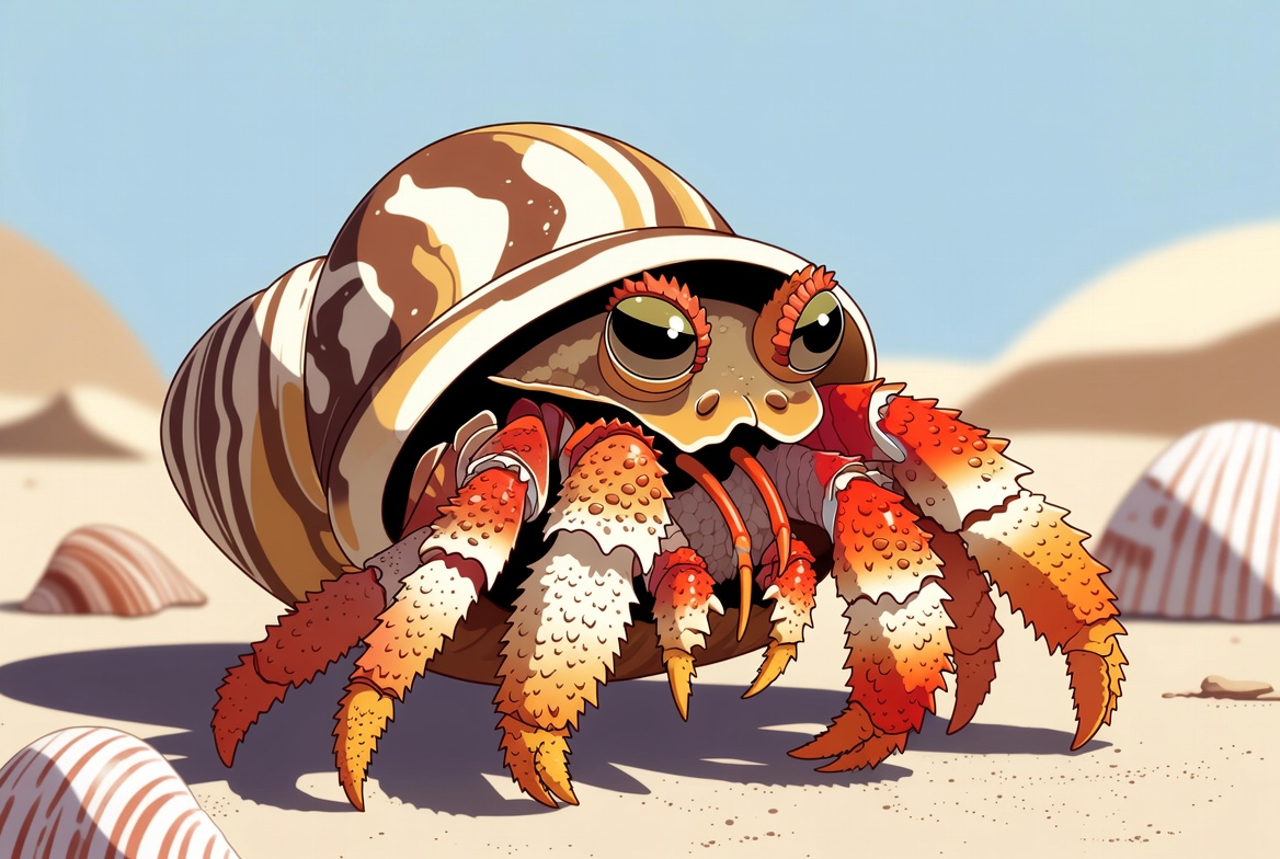 Cute illustration of a hermit crab with a grand shell