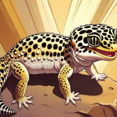 Cute illustration of a smiling leopard gecko perched on a rock