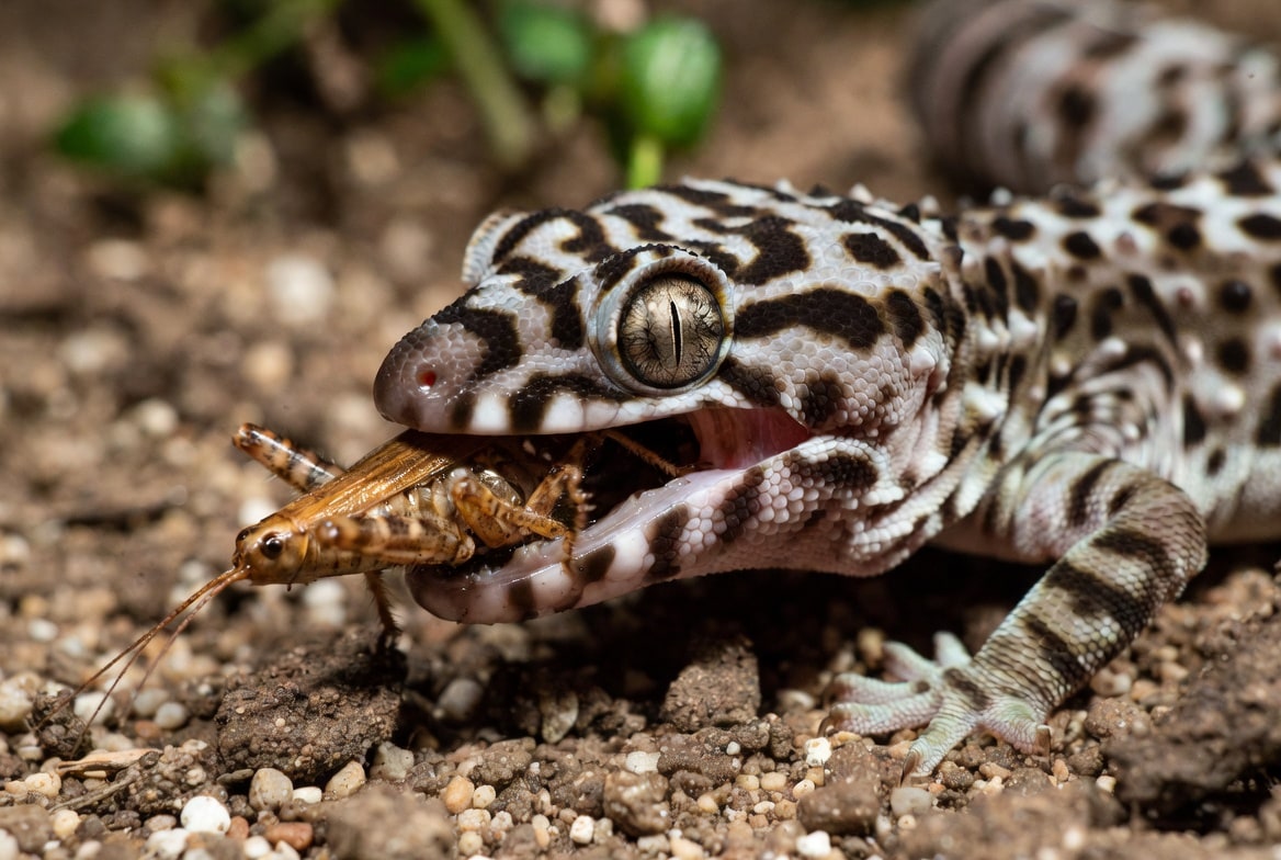 Gargoyle gecko licking powdered crested gecko diet from a feeding ledge
