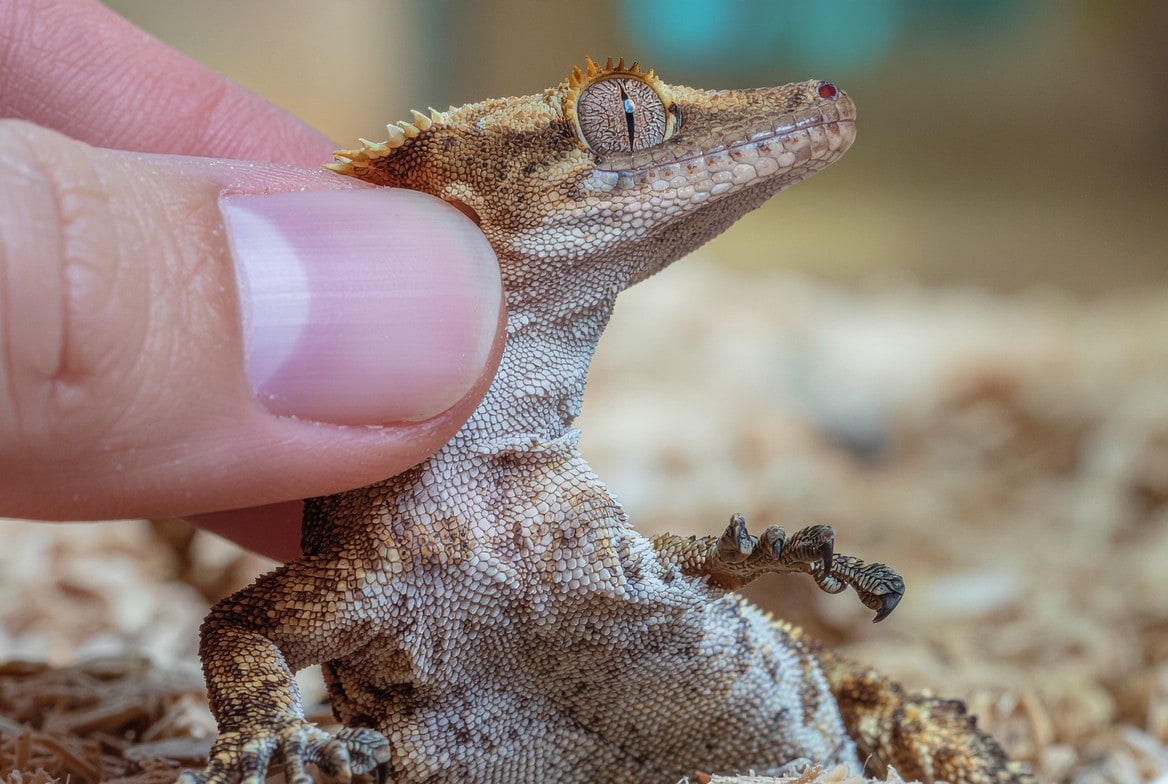 Gargoyle gecko being examined for signs of stuck shed near its toes