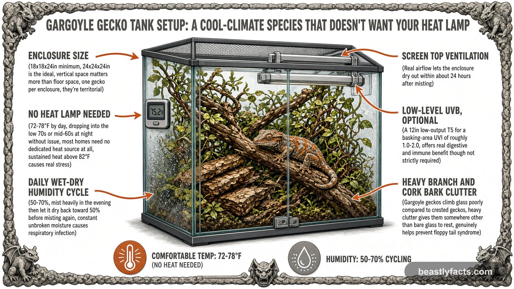 Labeled diagram of a gargoyle gecko enclosure showing a low-wattage basking bulb over one side, a daily wet-dry humidity cycle, and heavy branch and cork bark clutter