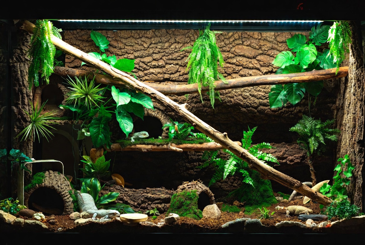 Gargoyle gecko enclosure with heavy branch and cork bark clutter