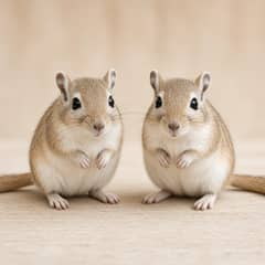 Two gerbils sitting together beside a small stack of coins