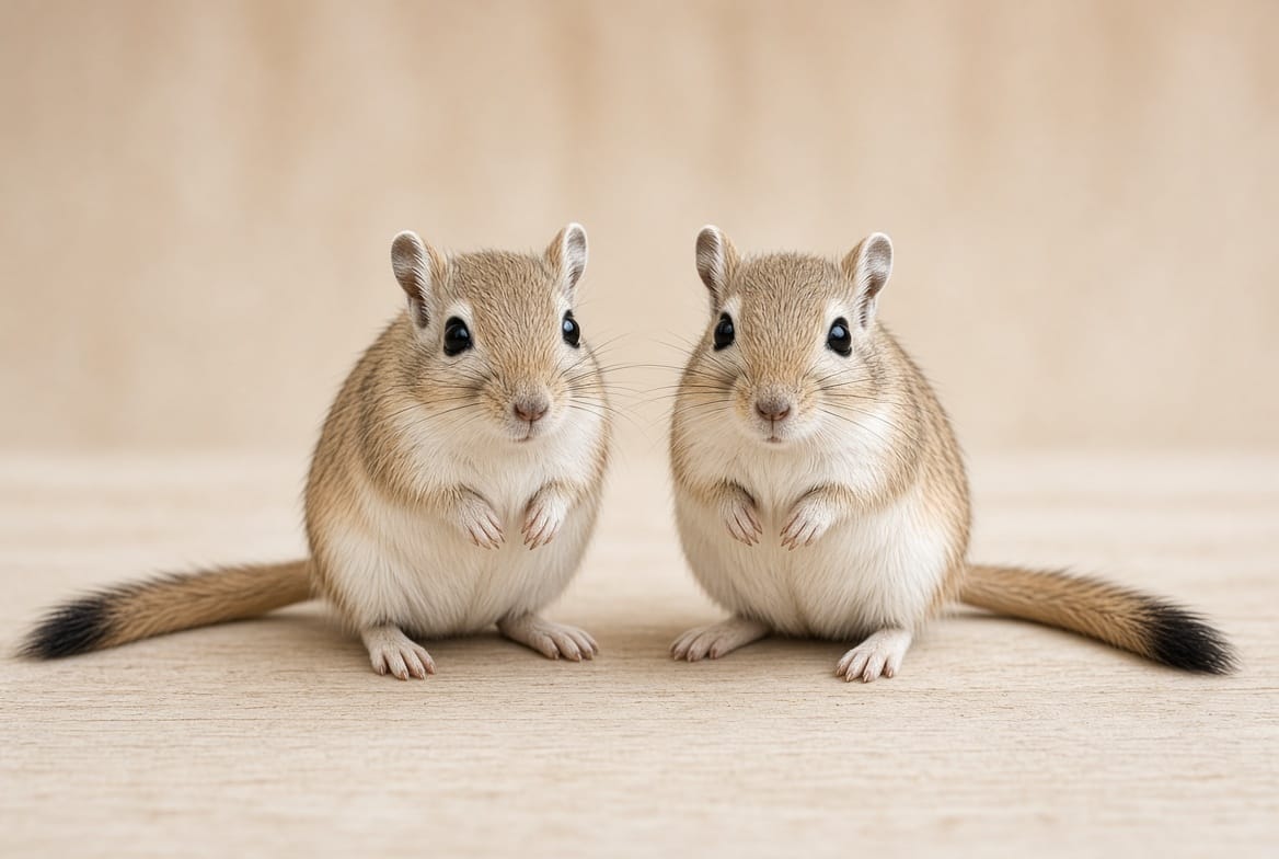 Two gerbils sitting together beside a small stack of coins