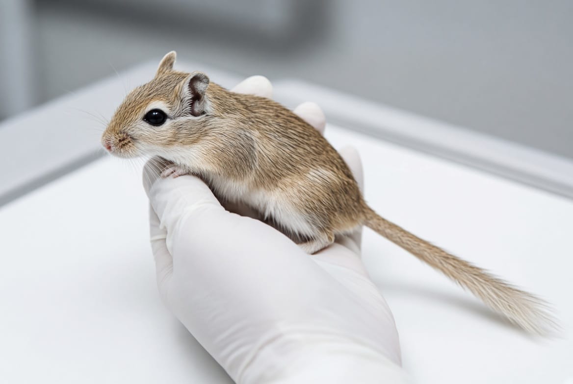 Gerbil being examined by an exotic veterinarian