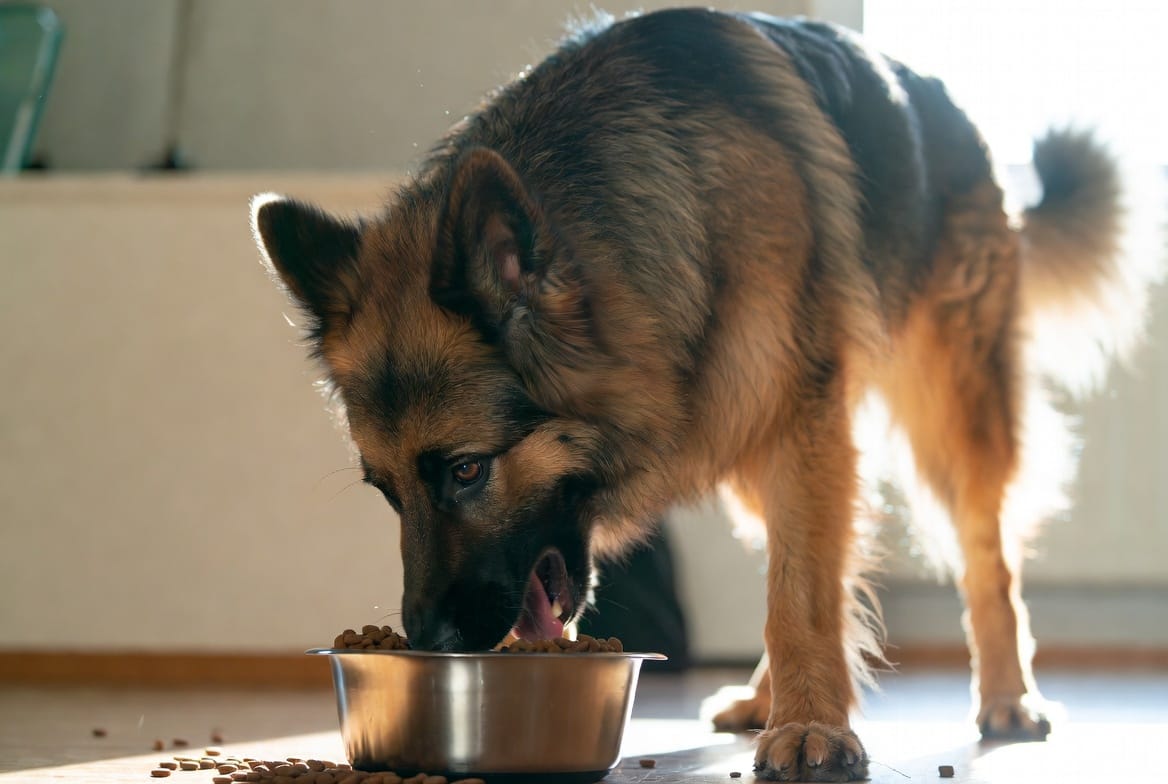 German Shepherd eating from a raised feeding bowl