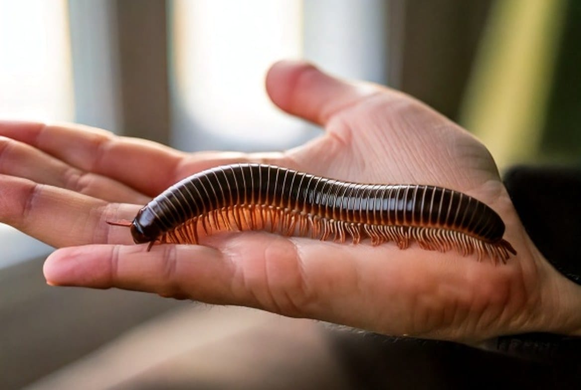 Giant African millipede curled defensively on a keeper's palm above soft substrate