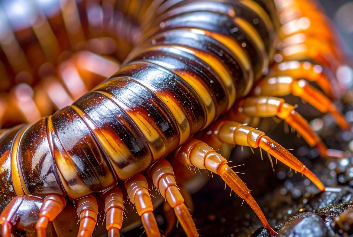 Giant African millipede resting on organic leaf litter substrate showing healthy segments
