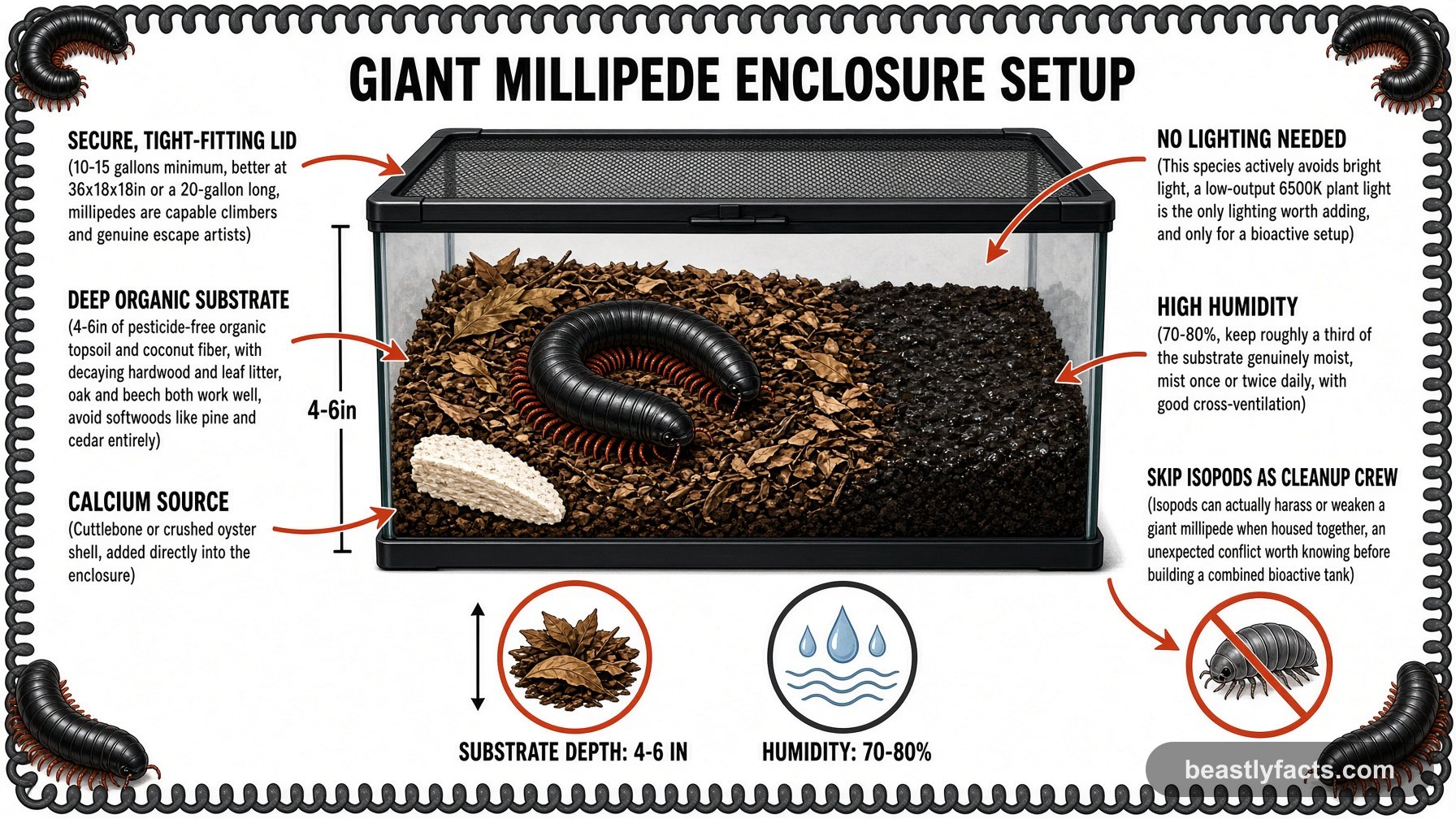 Labeled diagram of a giant millipede enclosure showing deep organic substrate, high humidity, and a secure tight-fitting lid