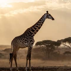 An adult giraffe standing in profile on open savanna, its long neck raised, with acacia trees behind it