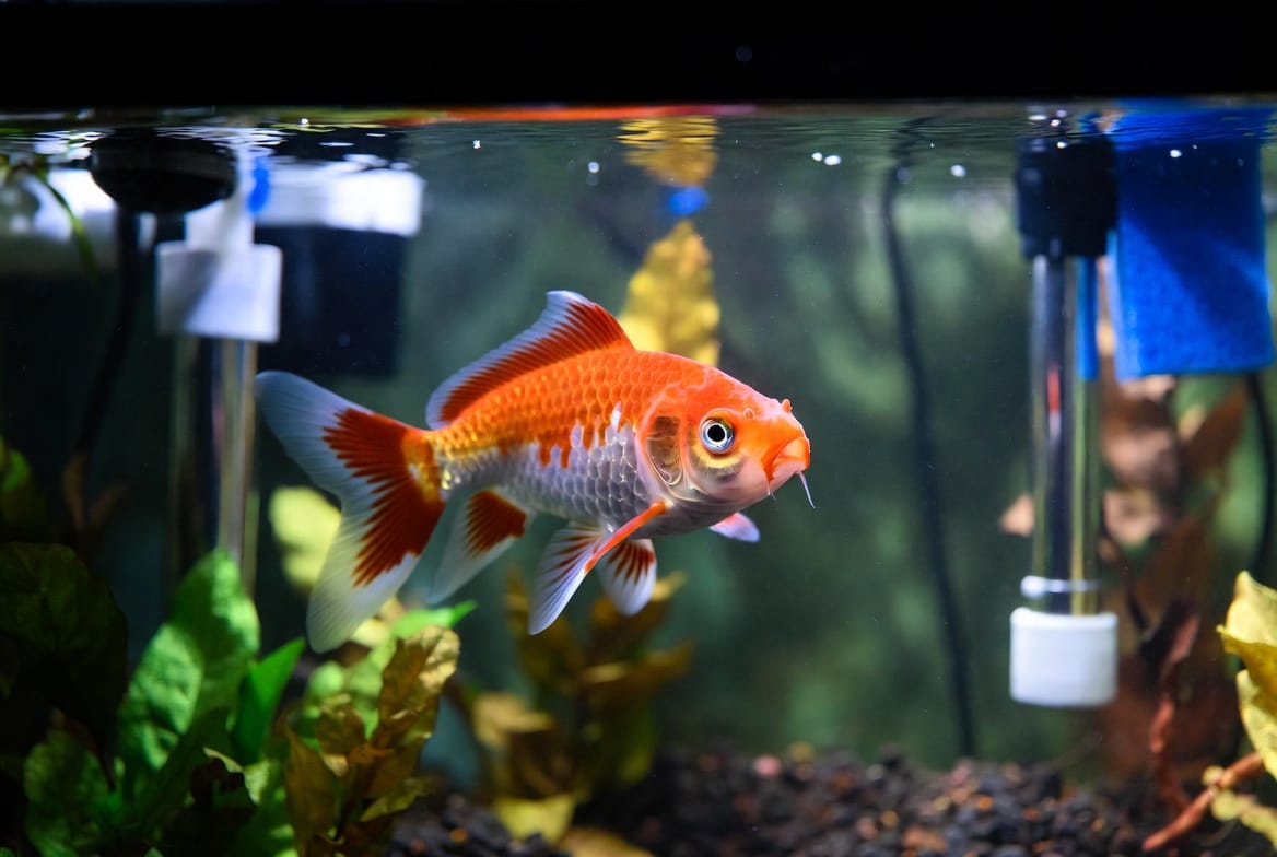 Goldfish in a large planted aquarium with visible filtration equipment