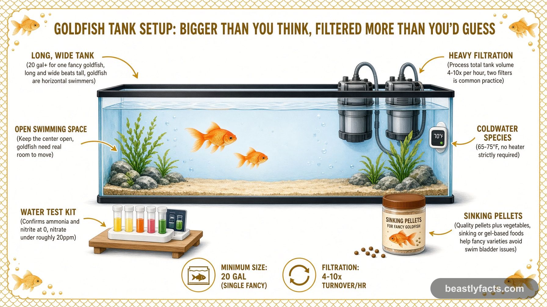 Labeled diagram of a goldfish tank showing heavy filtration, open swimming space, and a water test kit