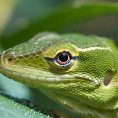 Green anole perched on a leafy branch inside a tall terrarium