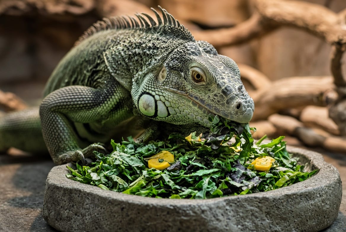 A green iguana feeding on a pile of chopped dark leafy greens