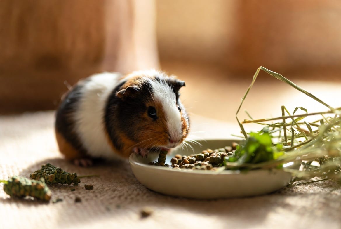 Guinea pig eating fresh hay and bell pepper next to a water bottle