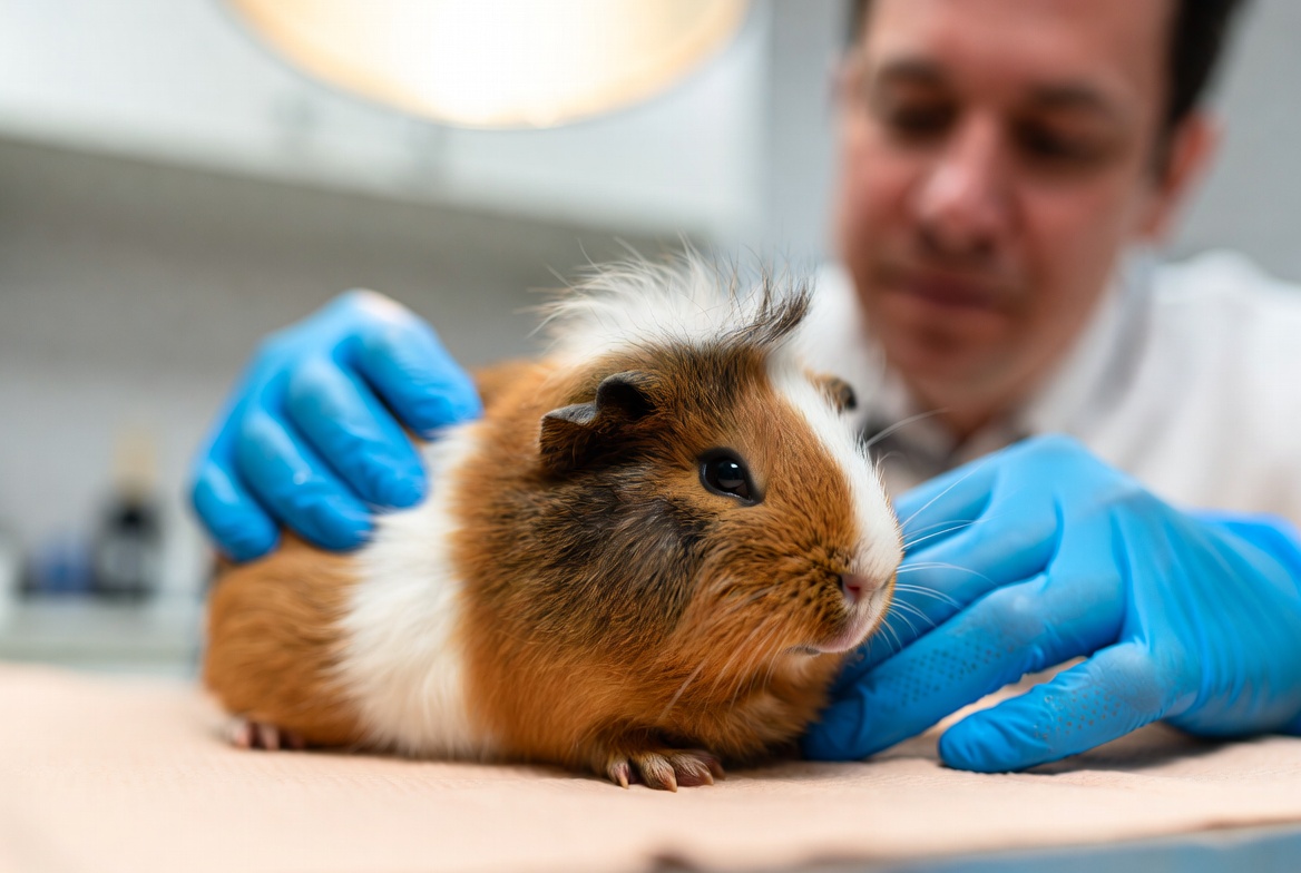 Guinea pig being examined by an exotic veterinarian