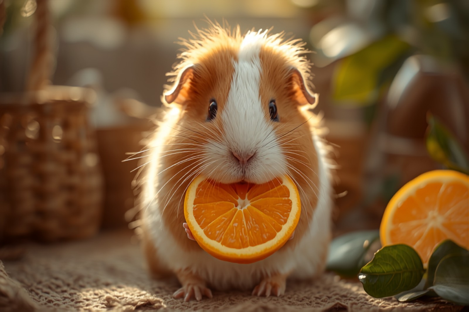 Guinea pig eating a piece of fresh bell pepper