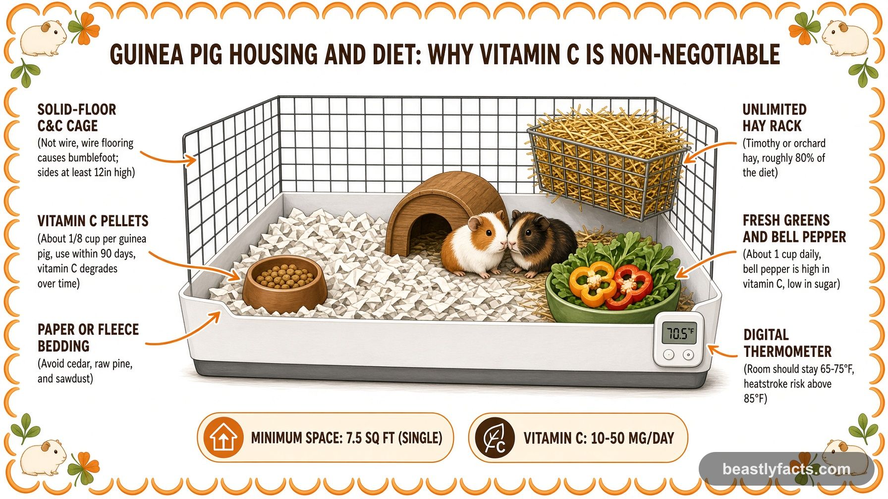 Labeled diagram of a guinea pig cage showing the hay rack, vitamin C pellets, fresh greens, and bell pepper