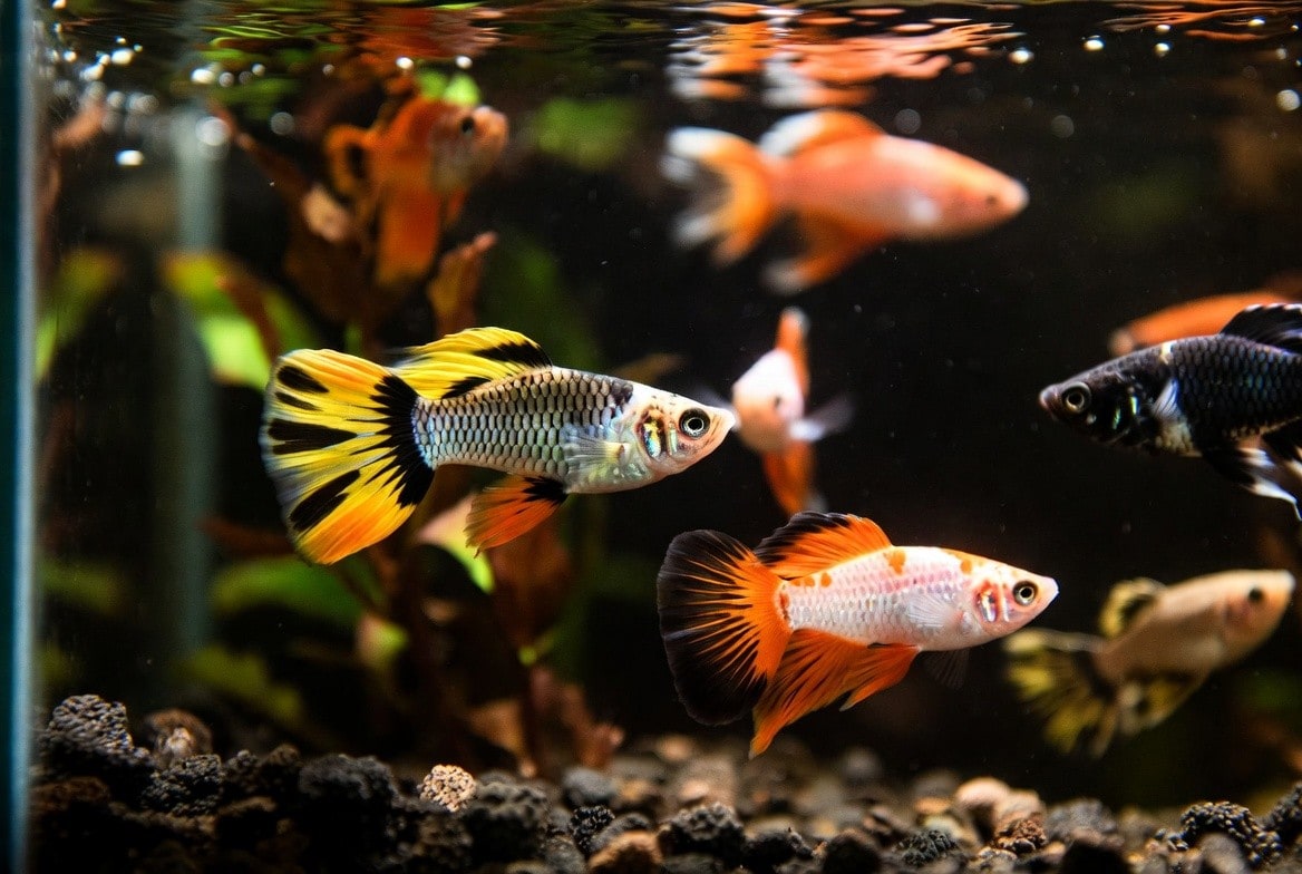 Colorful guppies swimming in a small planted freshwater aquarium