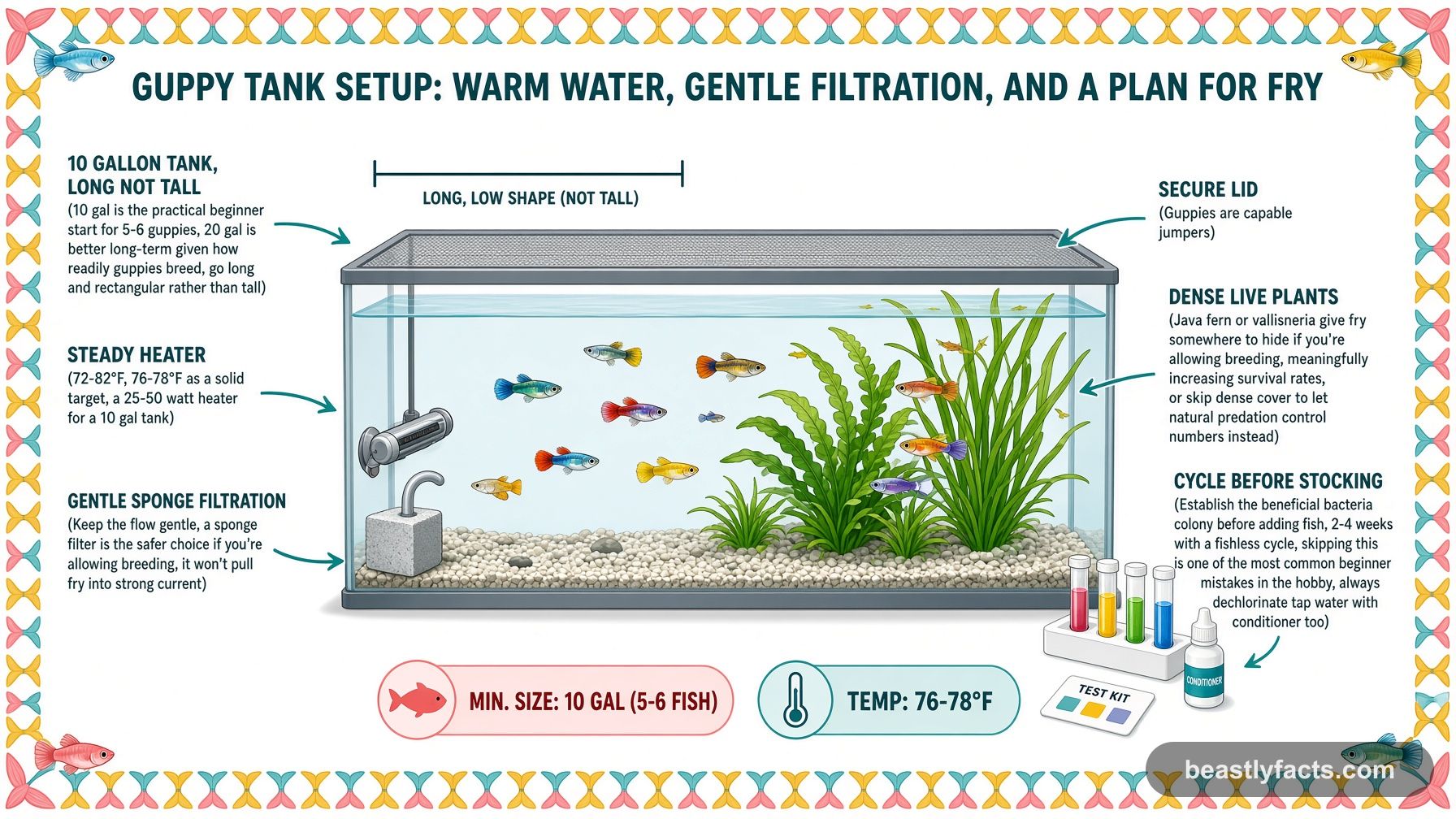 Labeled diagram of a guppy tank showing gentle sponge filtration, dense live plants for fry, and a water test kit for cycling