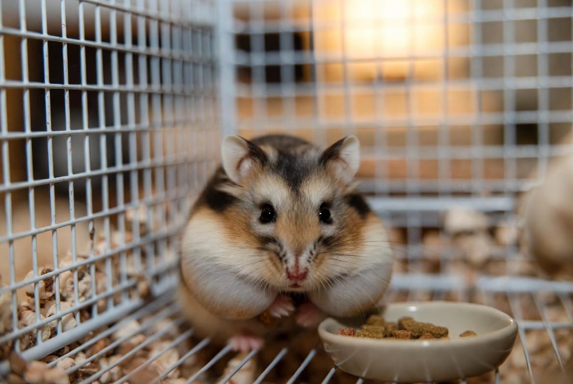 Hamster sitting beside its cage next to a small stack of coins