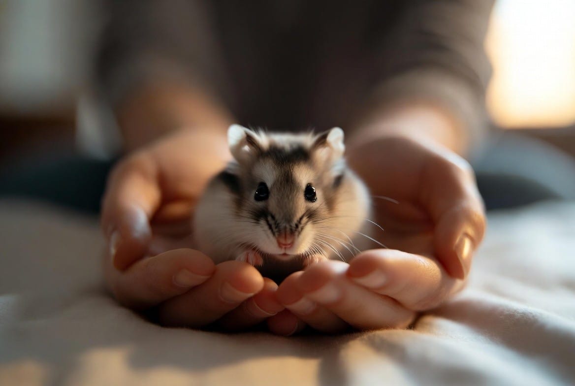 Person letting a Syrian hamster walk onto their open hand