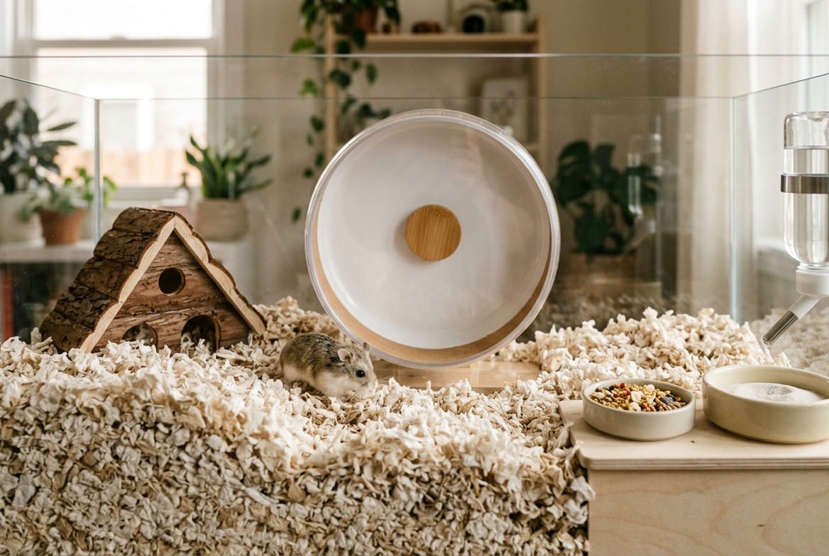 Hamster enclosure with deep bedding, a solid exercise wheel, a hideout, and a sand bath