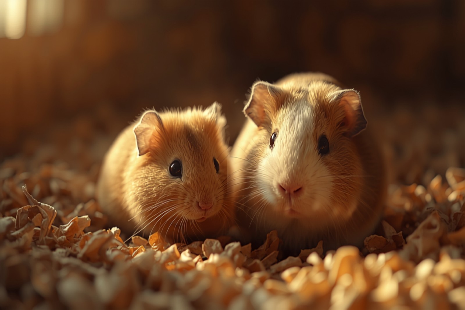 A hamster and a guinea pig side by side for size comparison