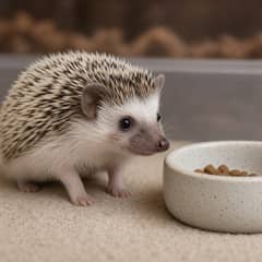 Hedgehog sitting next to its cage and everyday supplies