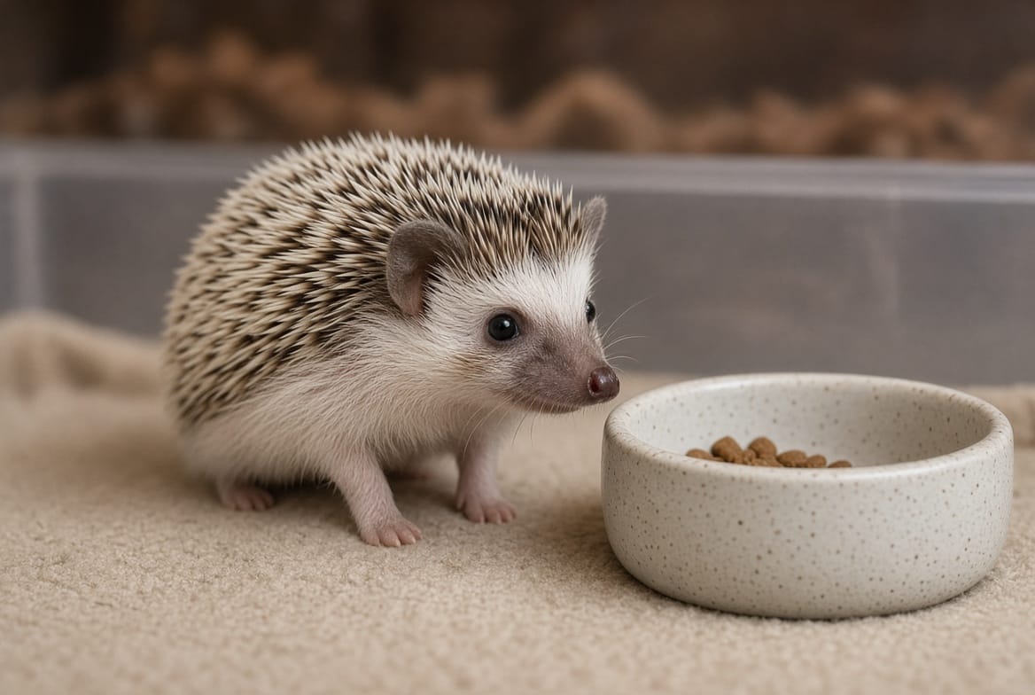 Hedgehog sitting next to its cage and everyday supplies