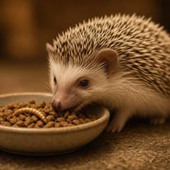 Hedgehog eating kibble and a mealworm from a small dish at night