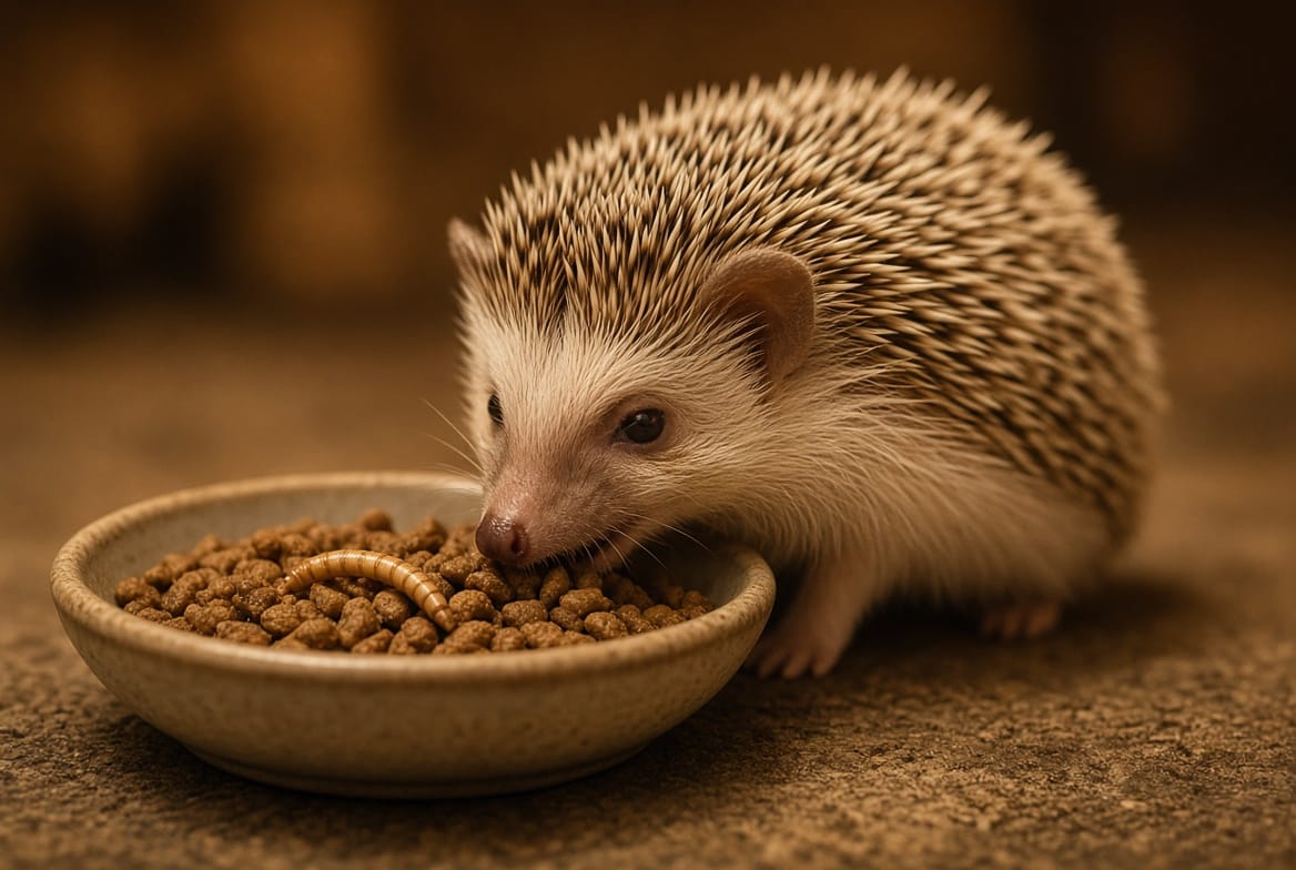 Hedgehog eating kibble and a mealworm from a small dish at night
