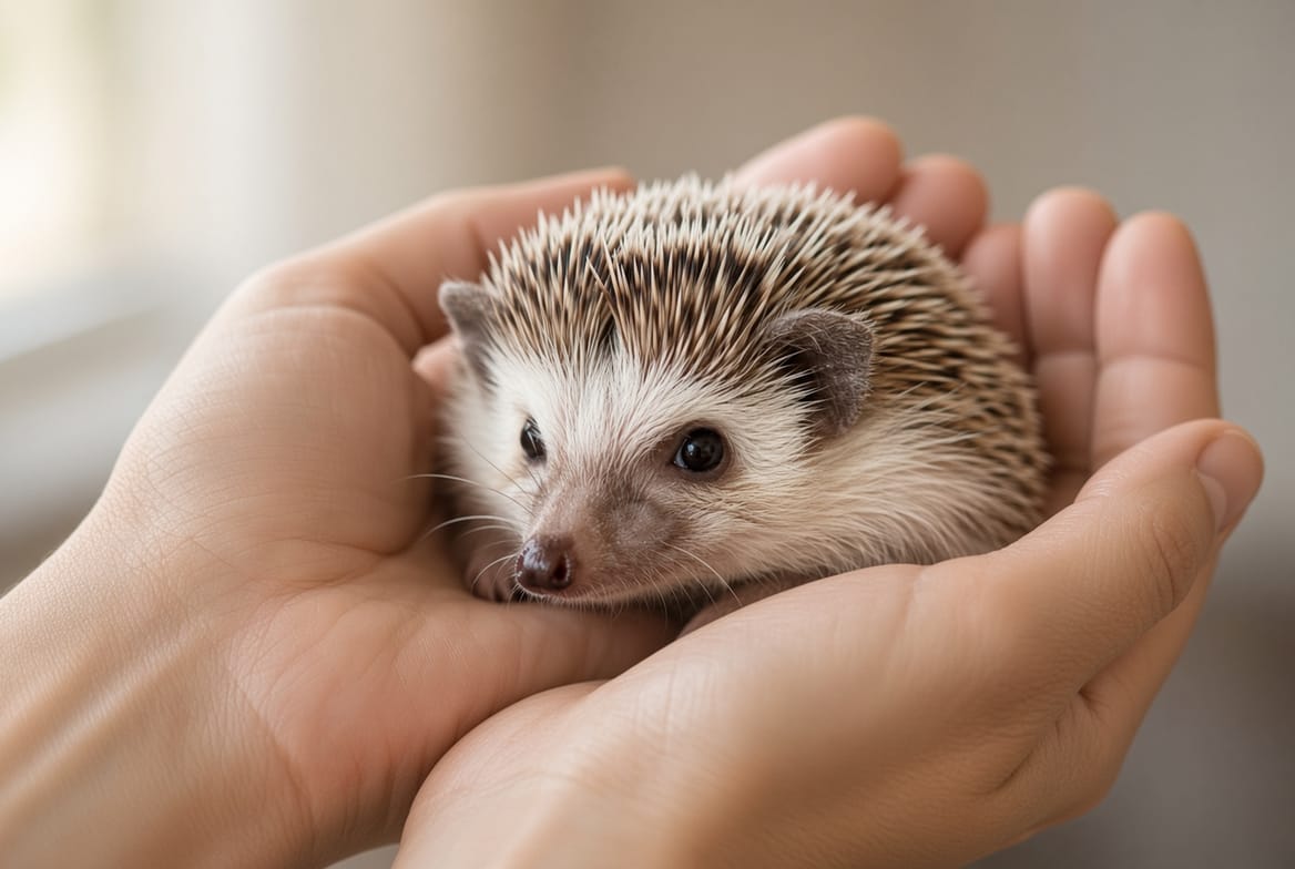 Person gently cupping a hedgehog in two hands during a handling session