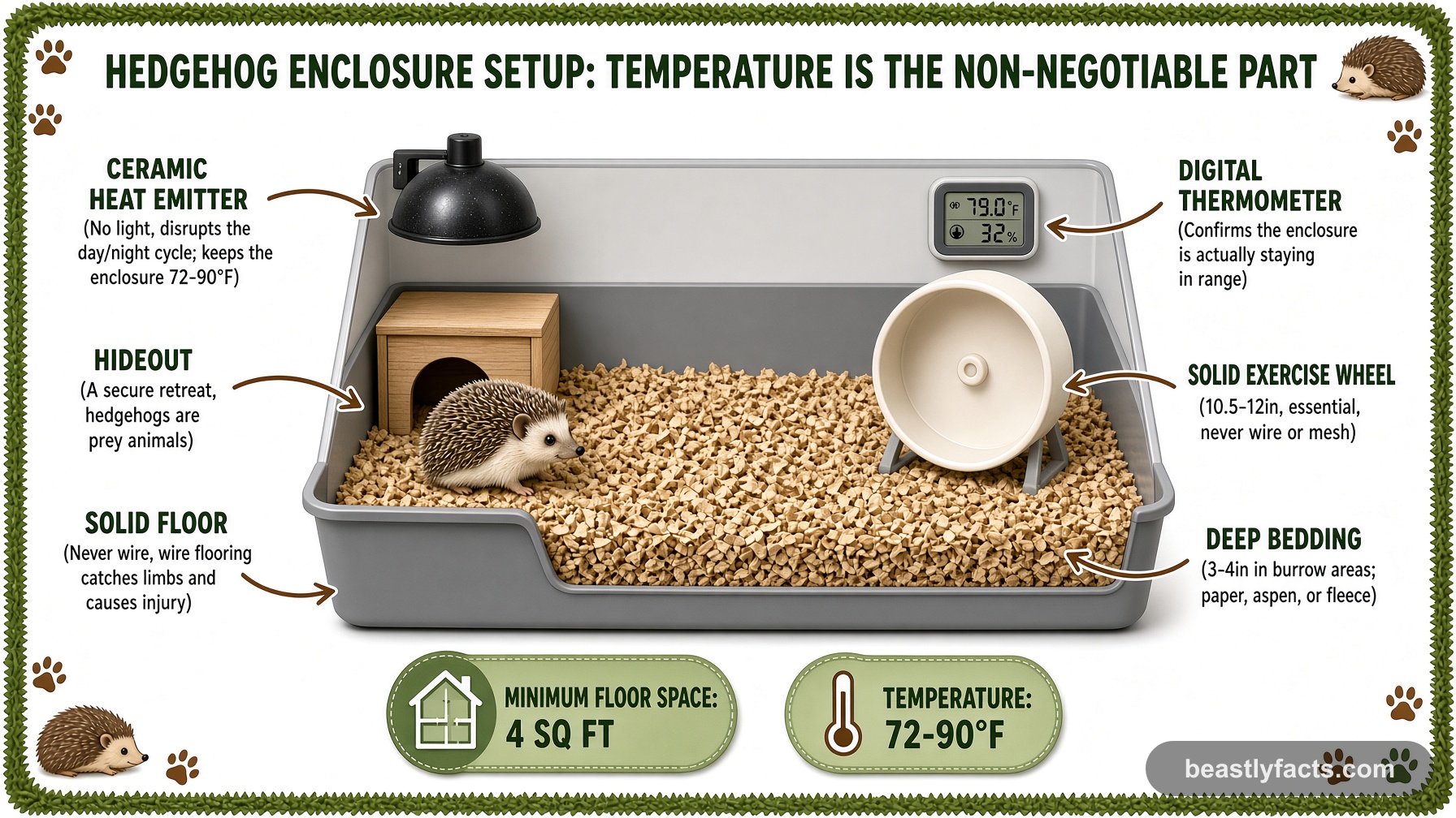 Labeled diagram of a hedgehog enclosure showing the ceramic heat emitter, digital thermometer, hideout, and solid exercise wheel