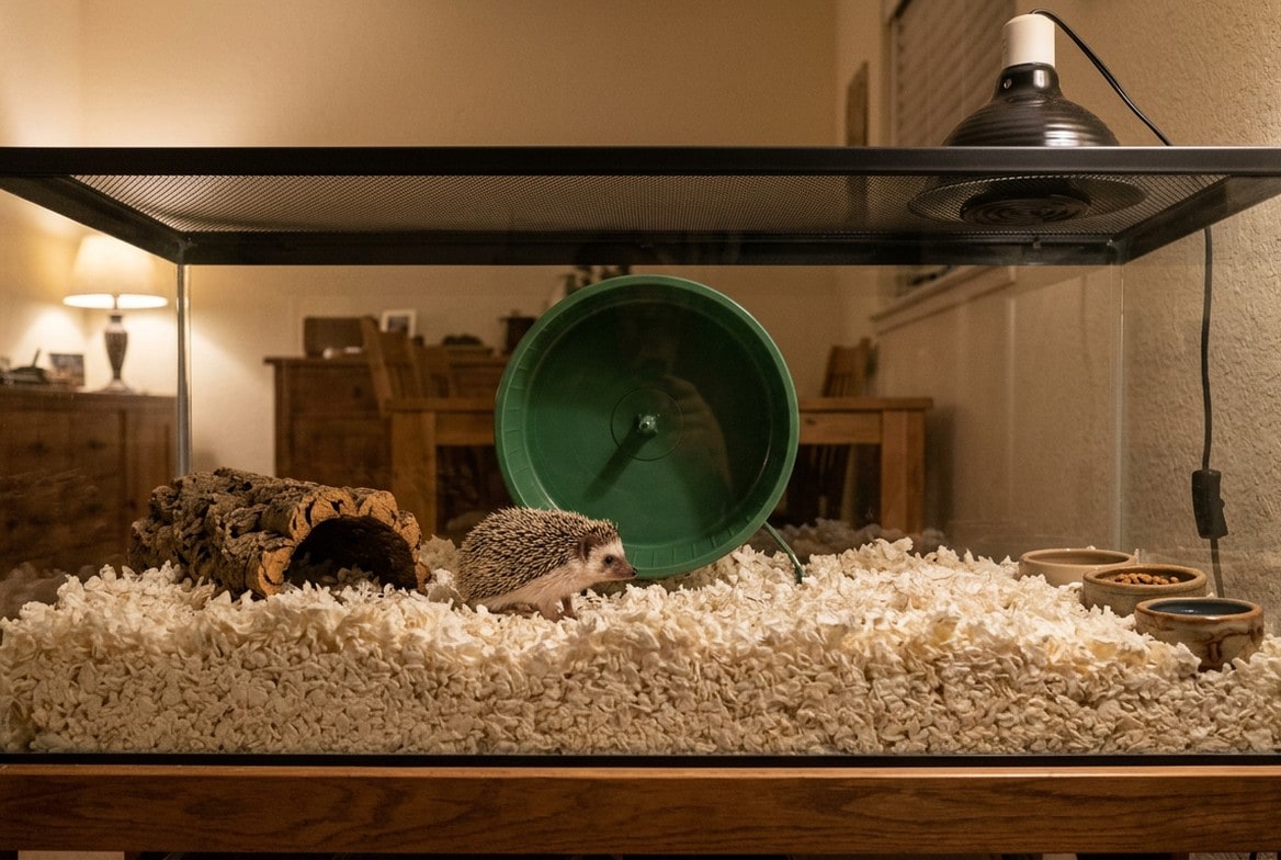 Hedgehog enclosure with solid flooring, a heat emitter, hideout, and exercise wheel