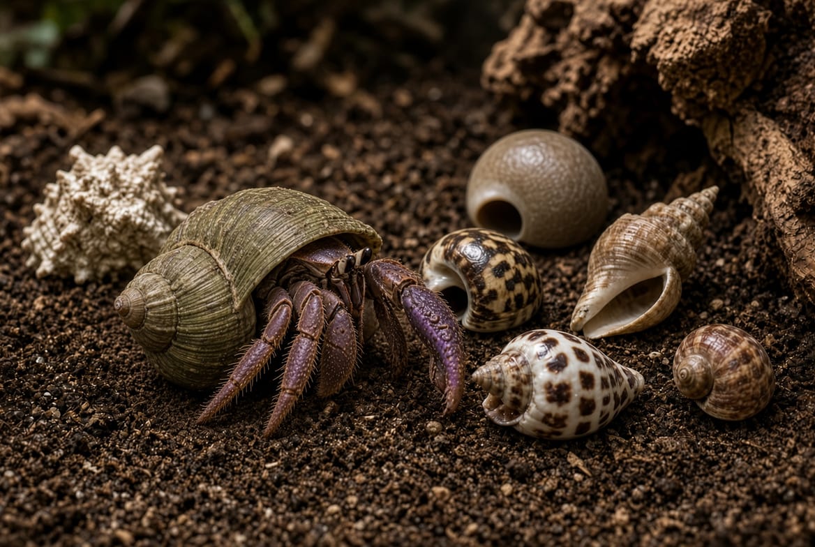 Land hermit crabs among a scattered selection of empty shells in varied sizes