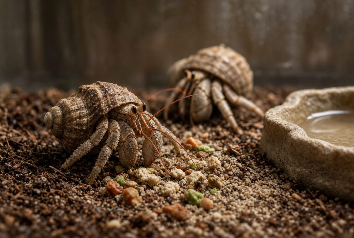 Two land hermit crabs feeding on food scattered across sand and coconut fibre substrate