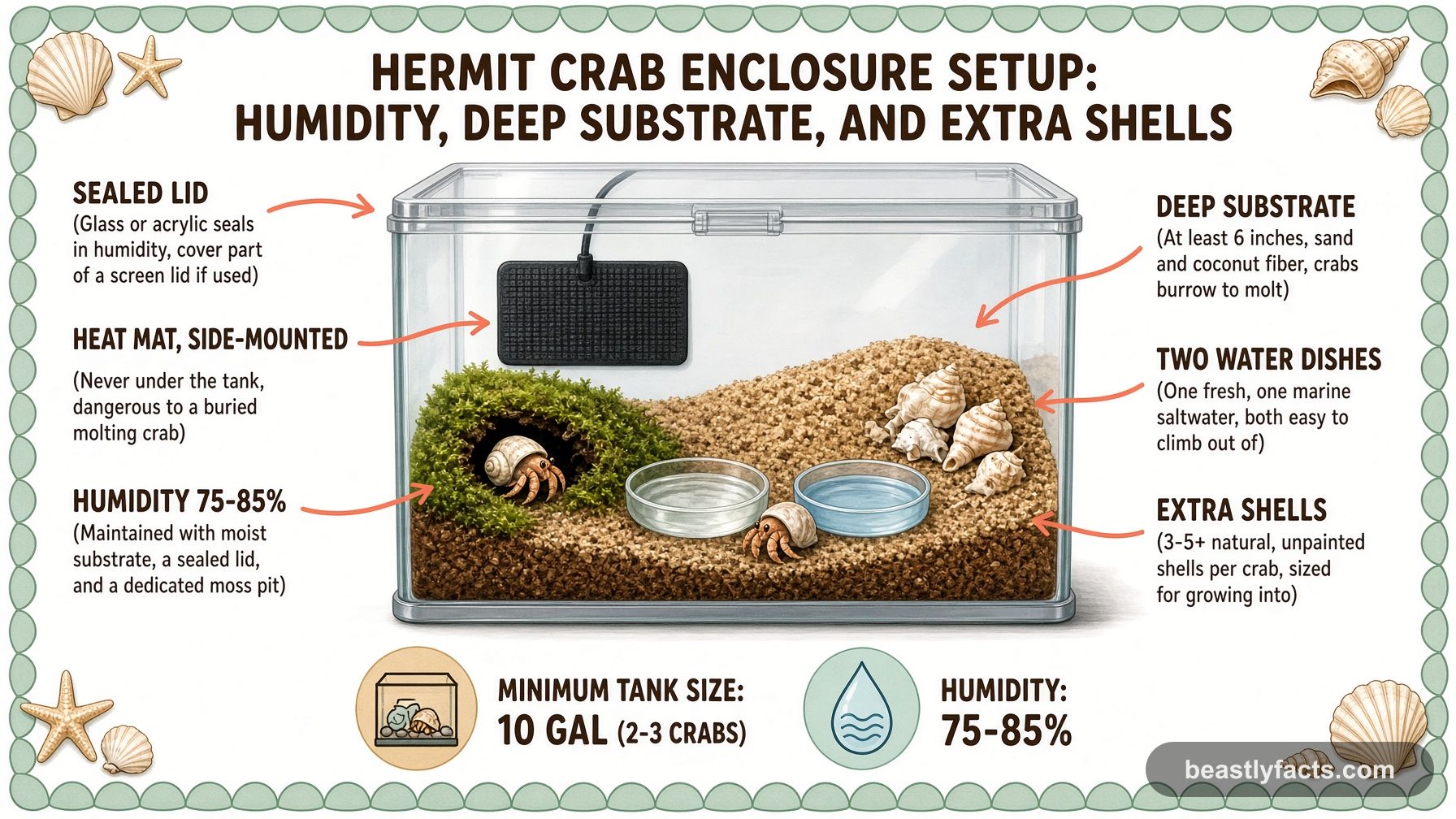Labeled diagram of a hermit crab enclosure showing the humidity setup, deep substrate, moss pit, water dishes, and extra shells