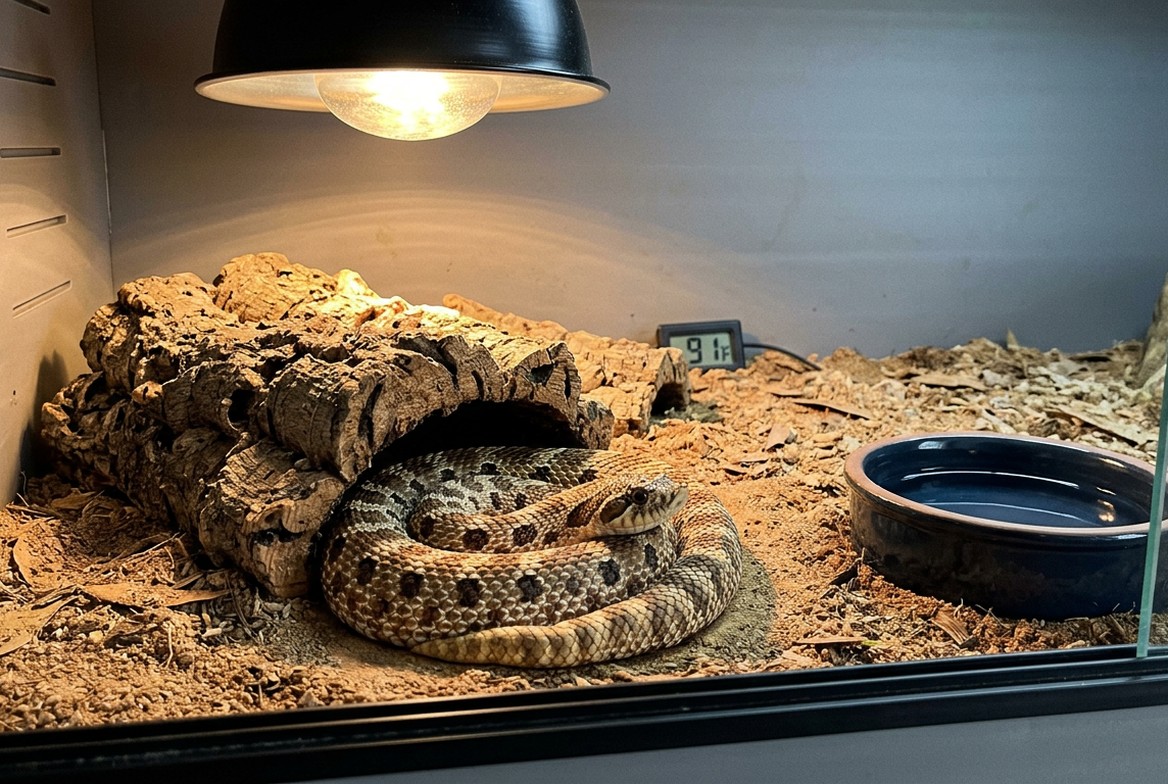 Western hognose snake in a dry, deep-substrate enclosure