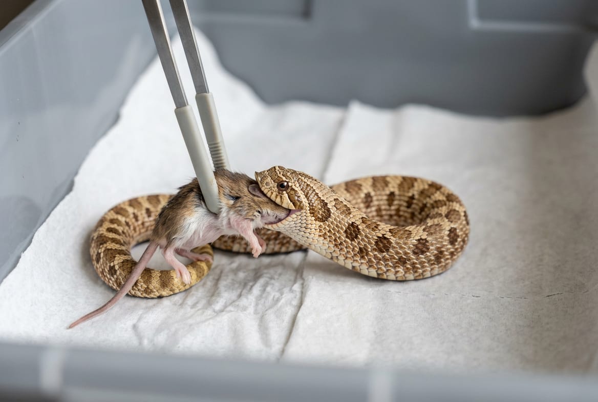 A western hognose snake taking a thawed mouse from feeding tongs in a plain feeding container