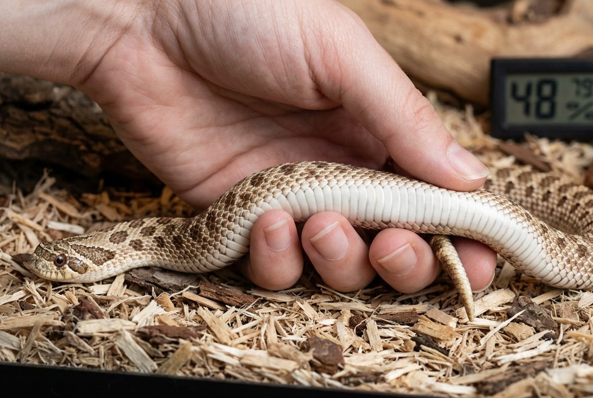 Western hognose snake being examined for signs of illness