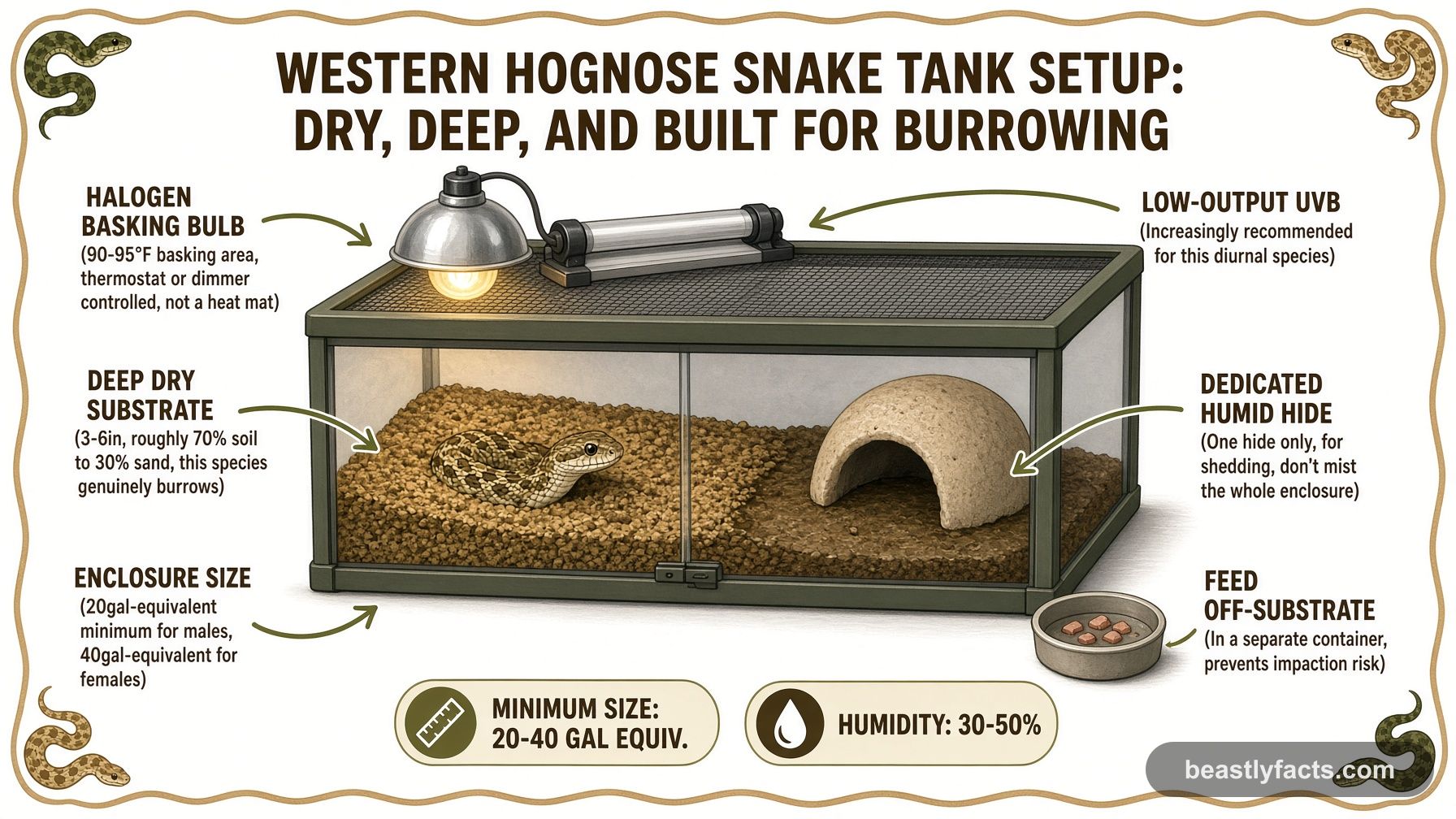 Labeled diagram of a Western hognose snake enclosure showing the halogen basking bulb, low-output UVB, deep dry substrate, and a dedicated humid hide