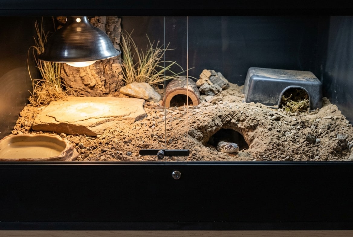 Western hognose snake enclosure with deep substrate, basking bulb, and hides