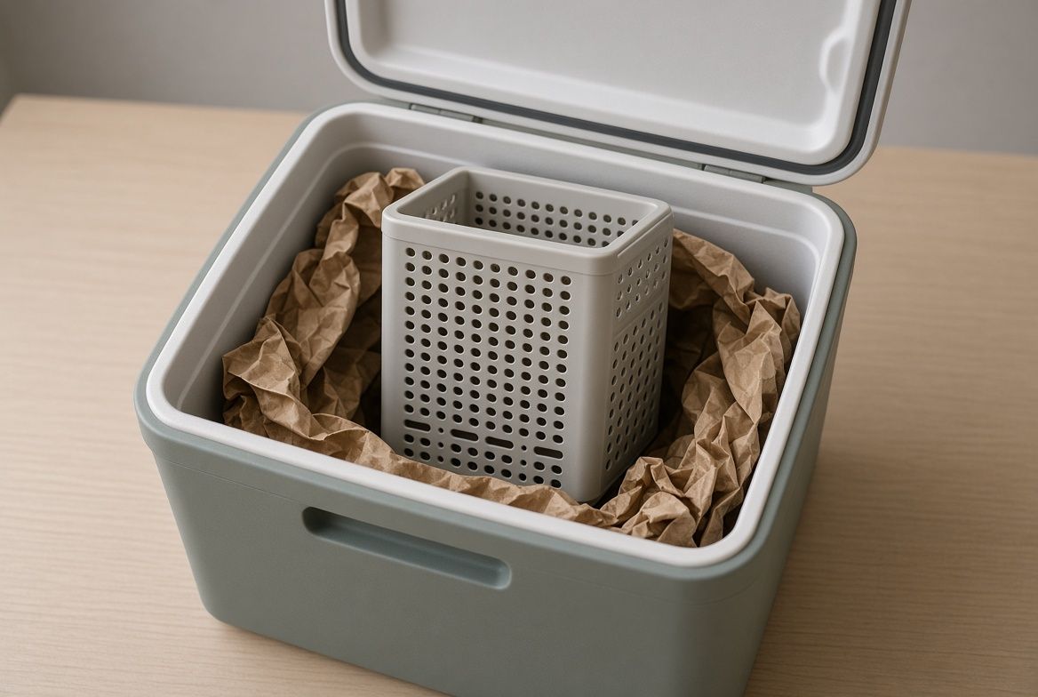 A tarantula in a ventilated deli cup nestled inside a padded shipping box next to a battery hygrometer