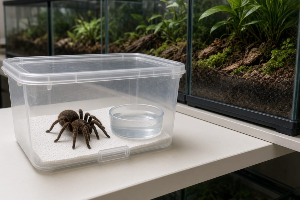 A tarantula in a small clear quarantine enclosure with a water dish and paper towel substrate, set apart on a shelf from a row of larger planted enclosures