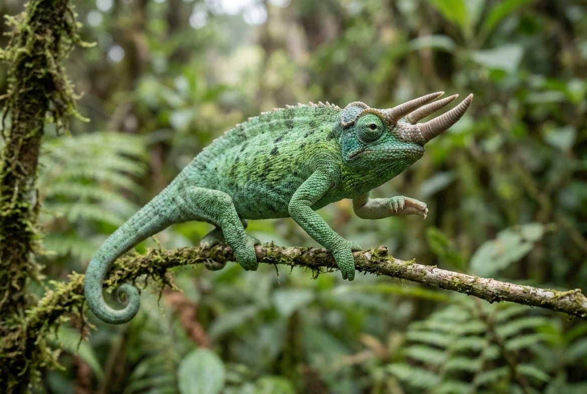 Male Jackson's chameleon with three forward-facing horns perched on a branch