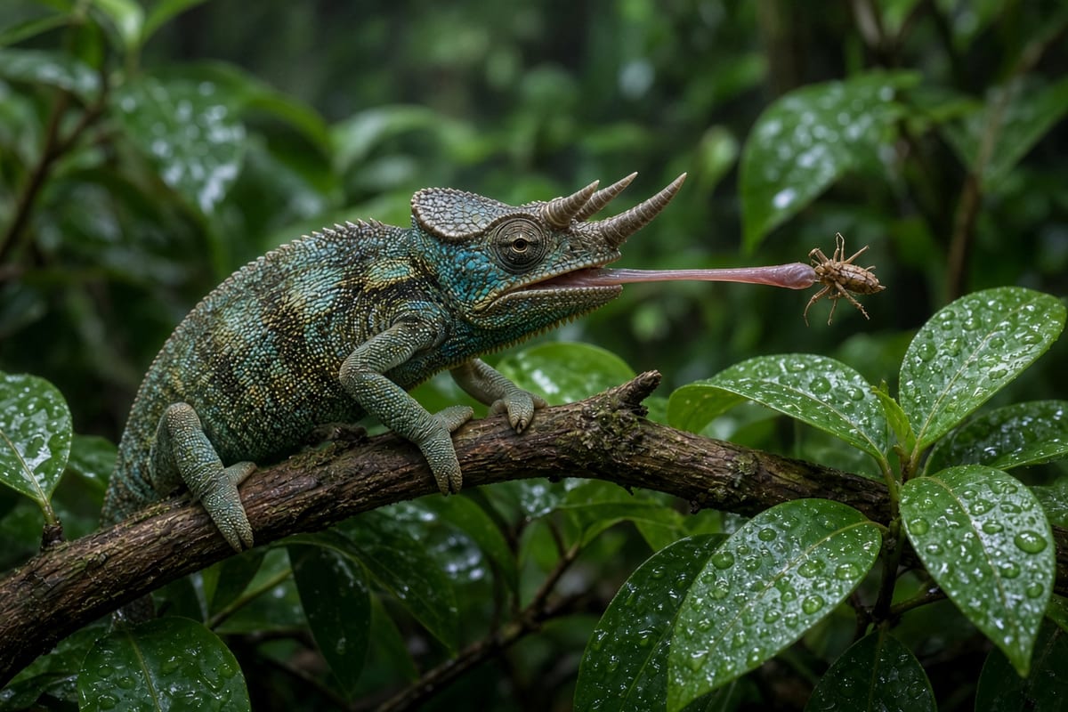A three-horned Jackson's chameleon on a branch with its tongue extended toward a cricket, water droplets on the leaves around it