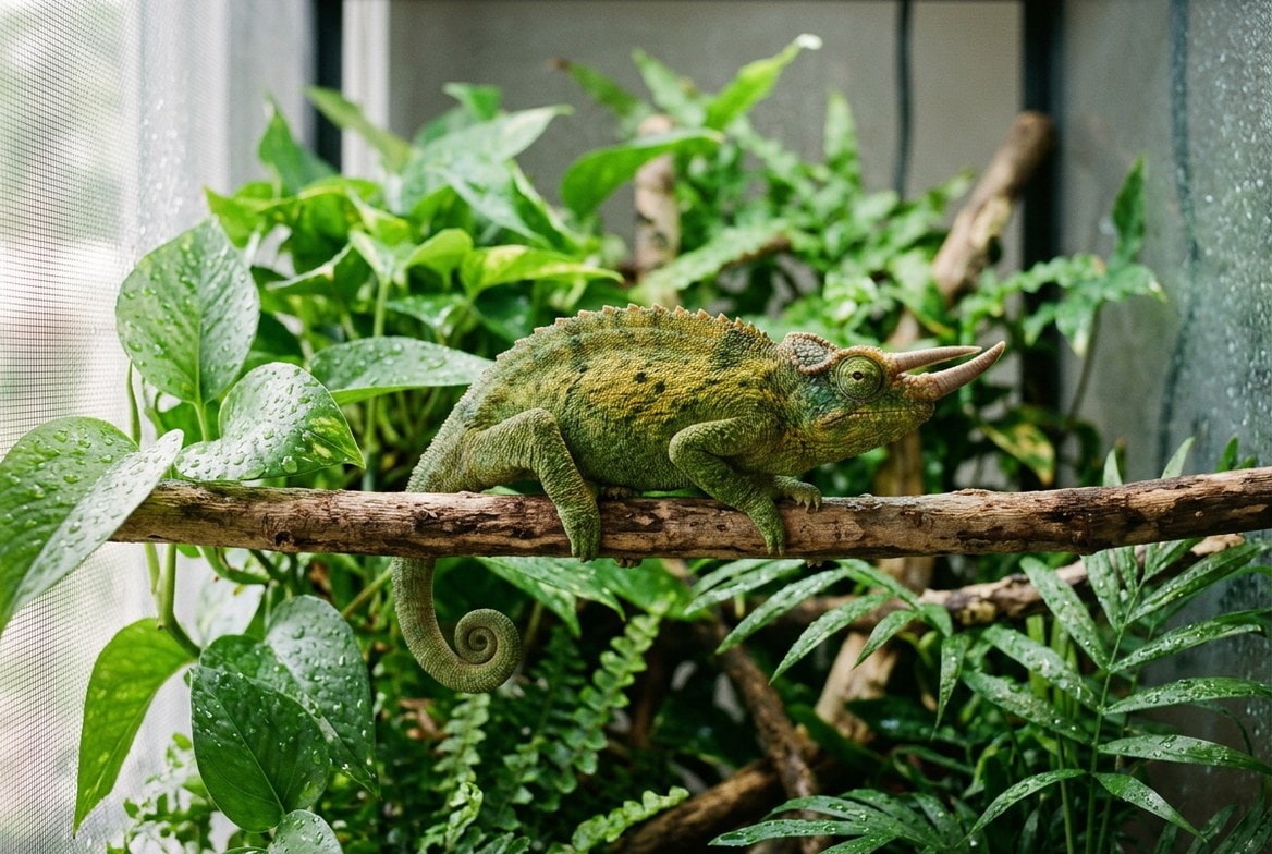 Male Jackson's chameleon with three forward-facing horns being approached for handling from below